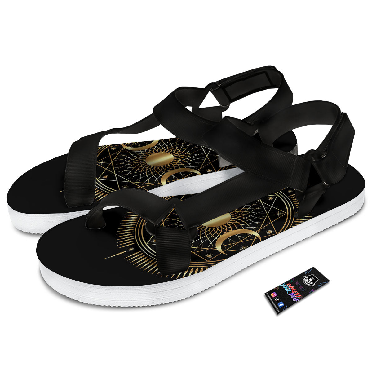 Sun And Moon Geometric Celestial Print Black Open Toe Sandals-grizzshop
