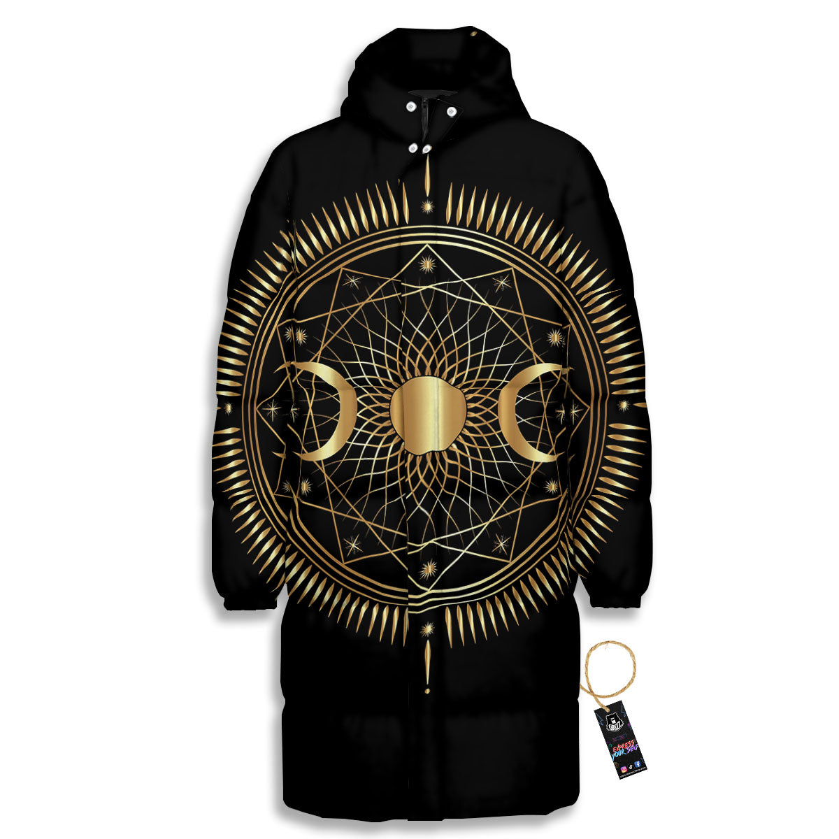 Sun And Moon Geometric Celestial Print Long Down Jacket-grizzshop