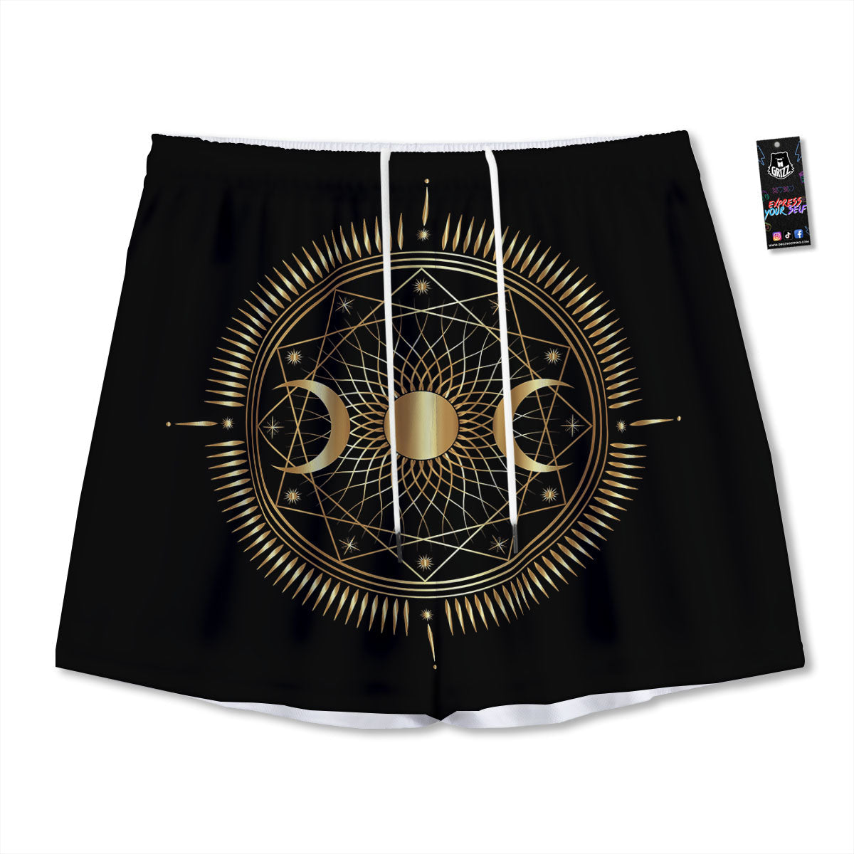 Sun And Moon Geometric Celestial Print Mesh Shorts