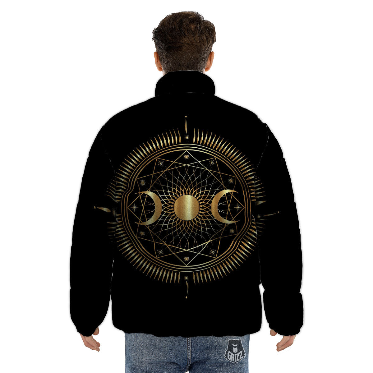 Sun And Moon Geometric Celestial Print Puffer Jacket-grizzshop