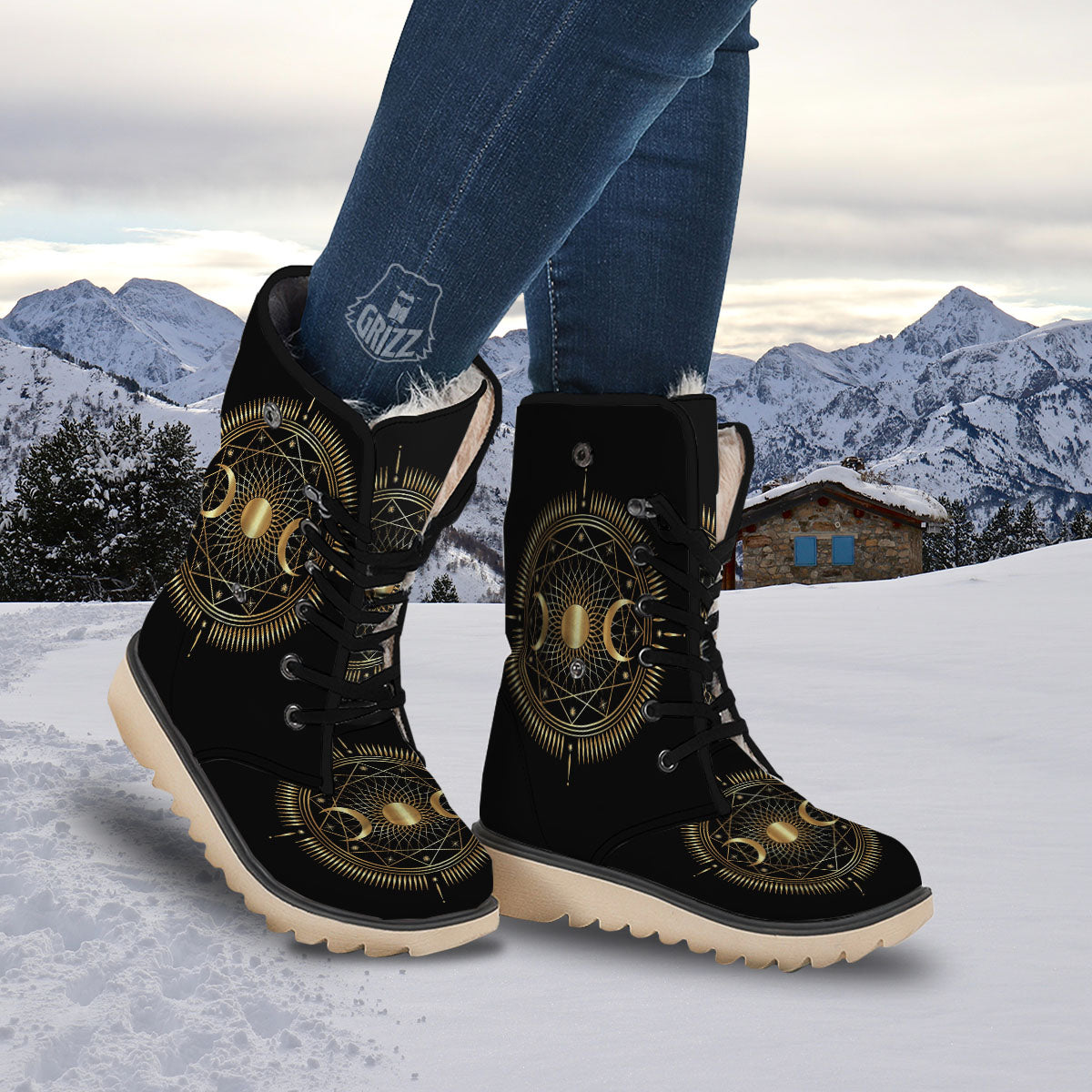 Sun And Moon Geometric Celestial Print Snow Boots-grizzshop