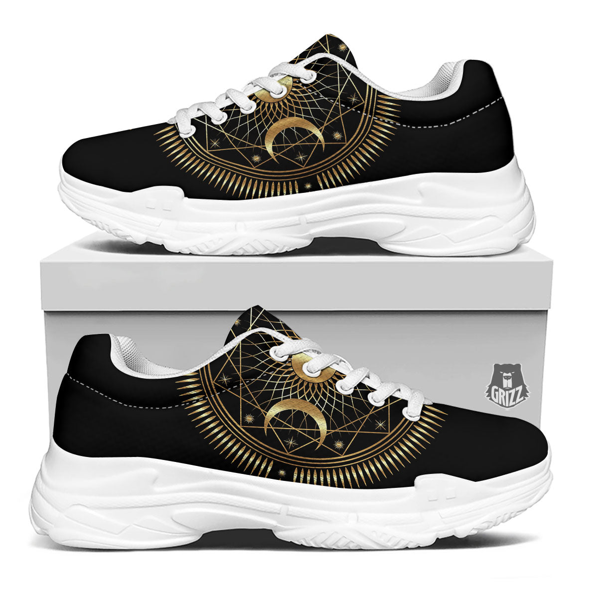 Sun And Moon Geometric Celestial Print White Chunky Shoes-grizzshop