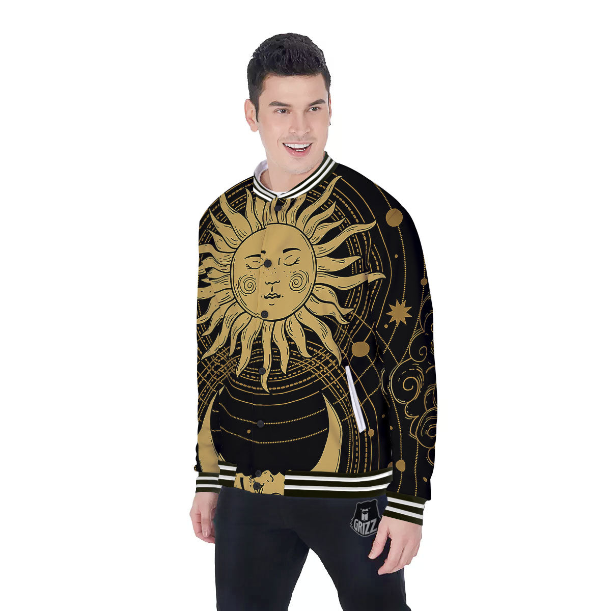 Sun And Vintage Moon Print Baseball Jacket-grizzshop