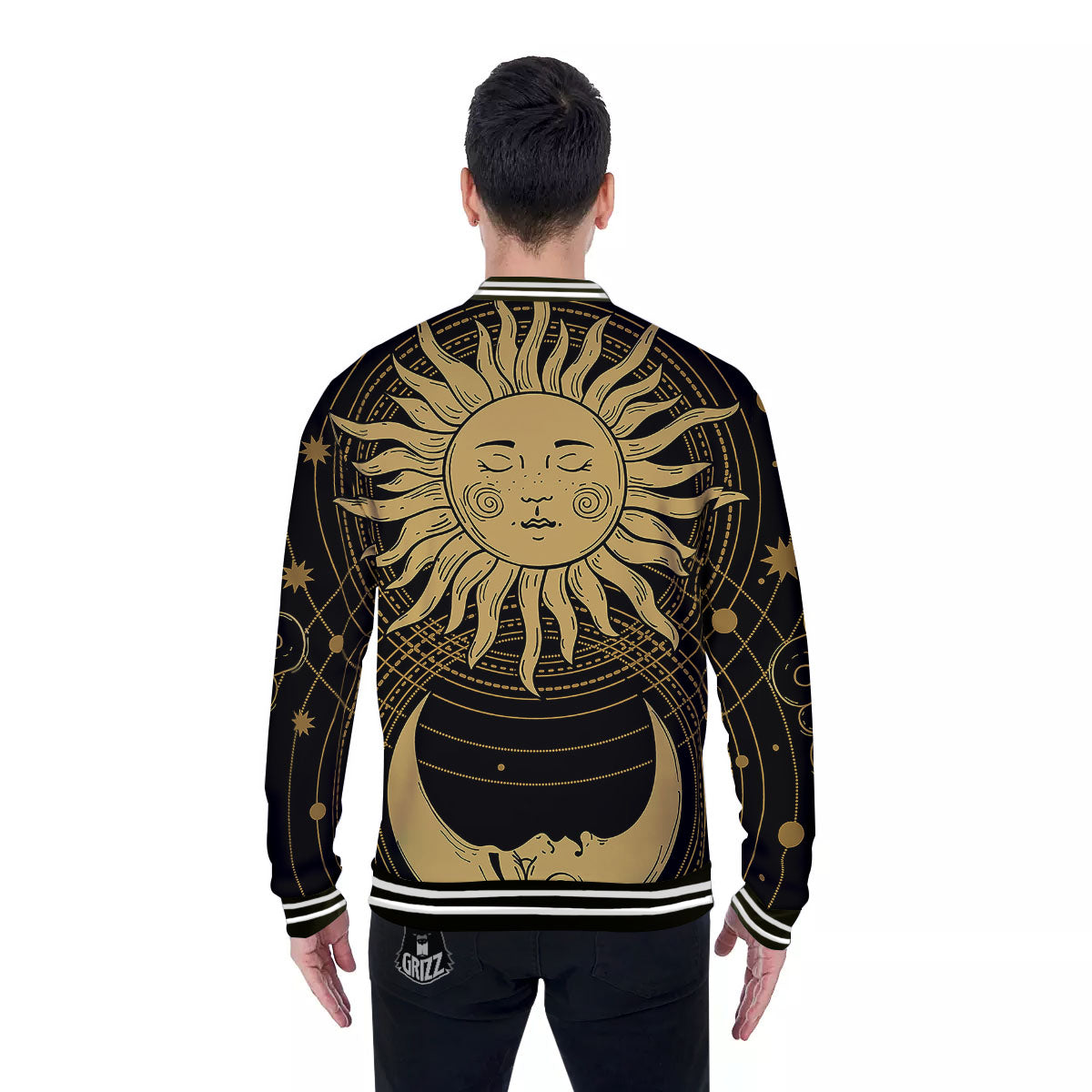 Sun And Vintage Moon Print Baseball Jacket-grizzshop