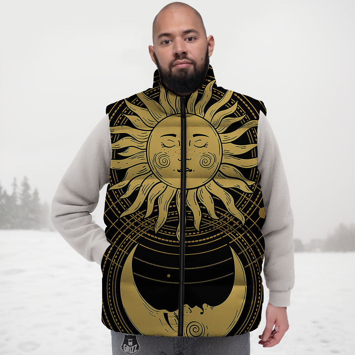 Sun And Vintage Moon Print Down Vest