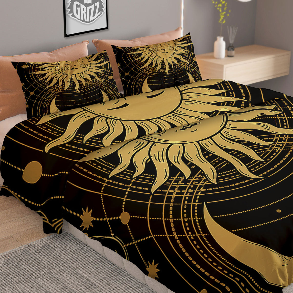 Sun And Vintage Moon Print Duvet Cover Bedding Set