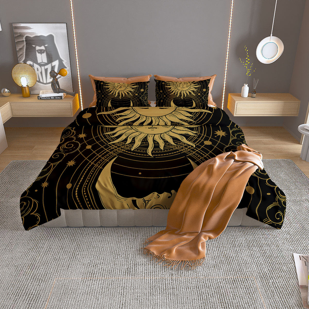 Sun And Vintage Moon Print Duvet Cover Bedding Set