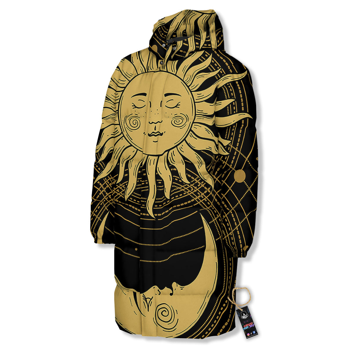 Sun And Vintage Moon Print Long Down Jacket-grizzshop