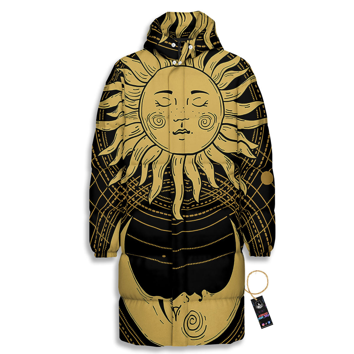 Sun And Vintage Moon Print Long Down Jacket-grizzshop