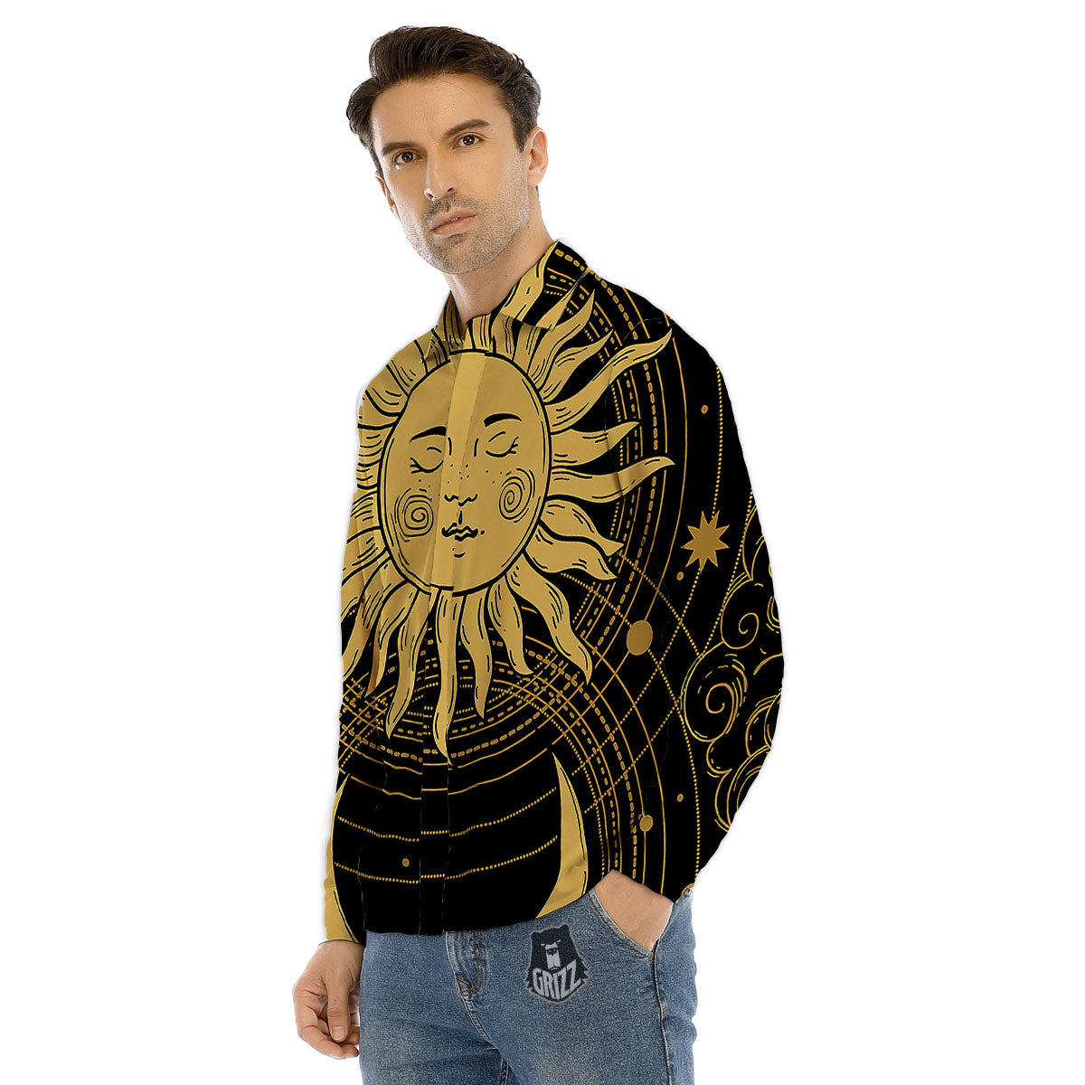 Sun And Vintage Moon Print Men's Dress Shirts-grizzshop
