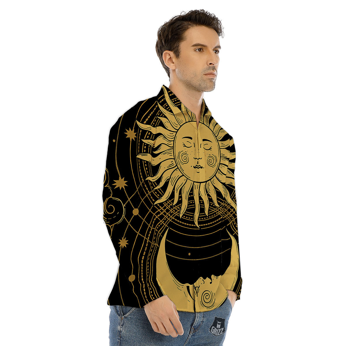Sun And Vintage Moon Print Men's Dress Shirts-grizzshop