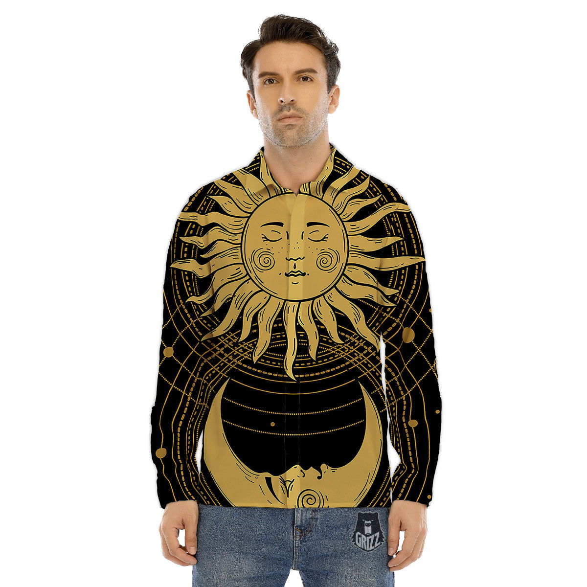 Sun And Vintage Moon Print Men's Dress Shirts-grizzshop
