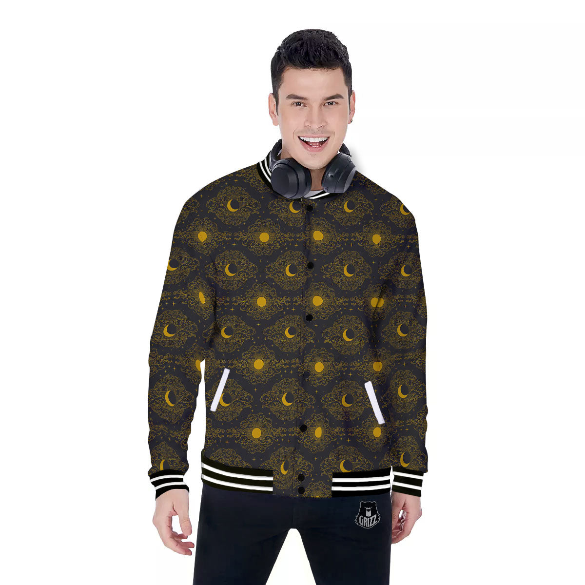 Sun And Vintage Moon Print Pattern Baseball Jacket-grizzshop