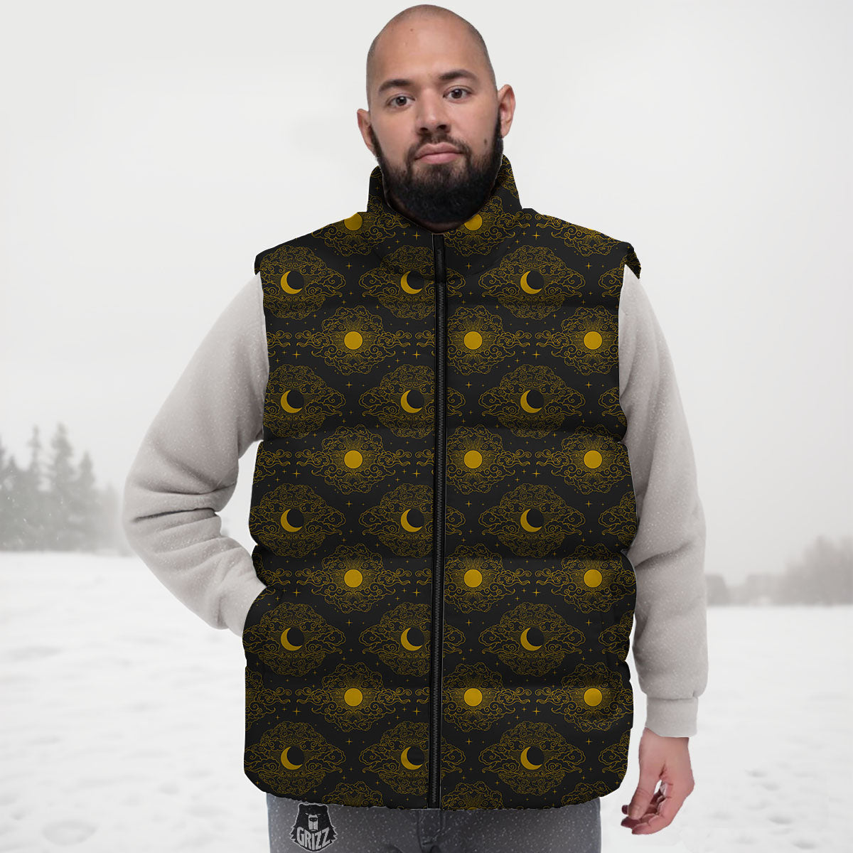 Sun And Vintage Moon Print Pattern Down Vest
