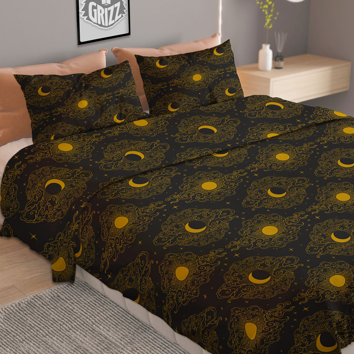 Sun And Vintage Moon Print Pattern Duvet Cover Bedding Set