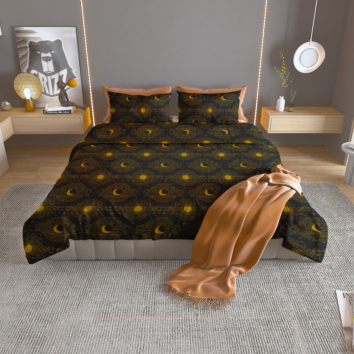Sun And Vintage Moon Print Pattern Duvet Cover Bedding Set
