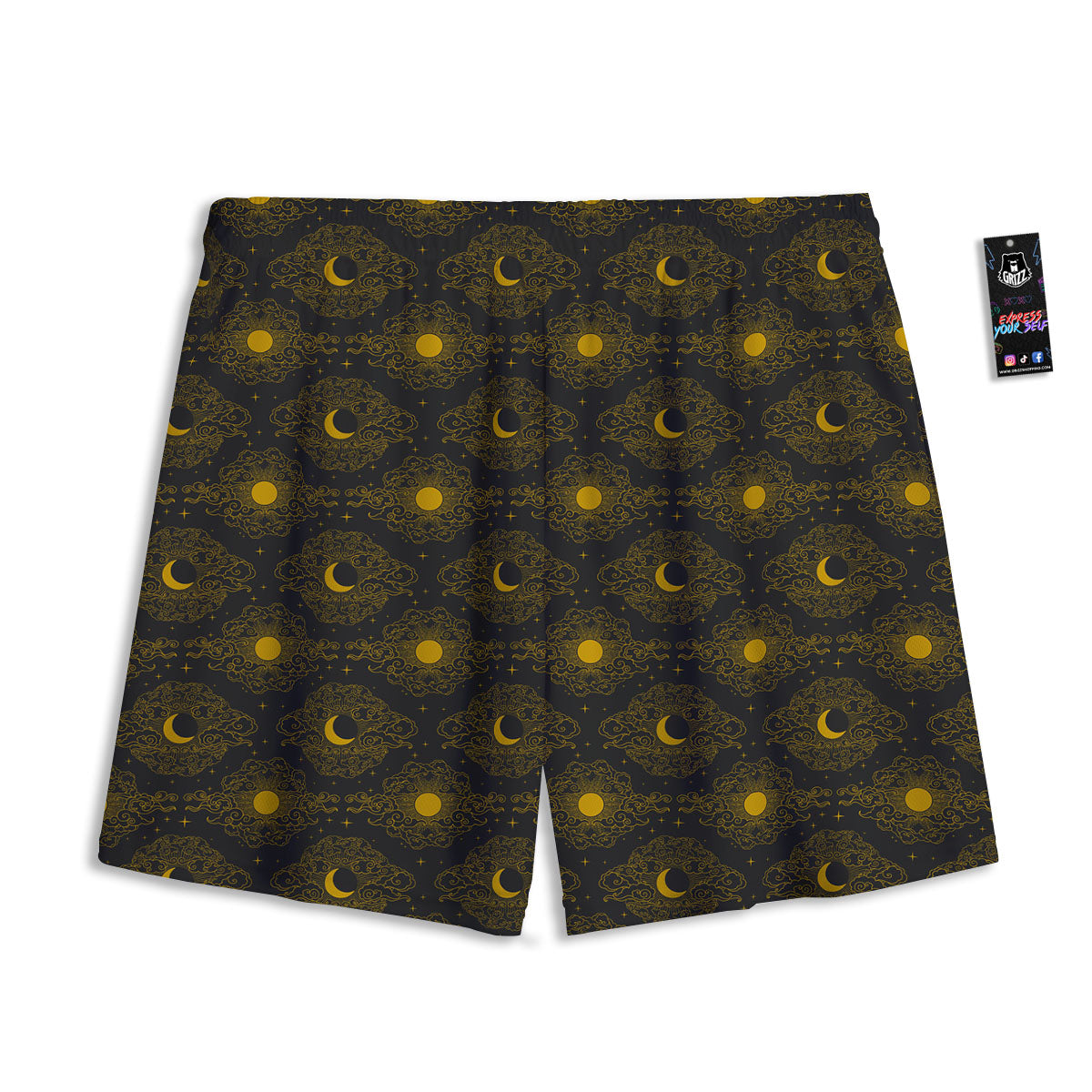 Sun And Vintage Moon Print Pattern Mesh Shorts