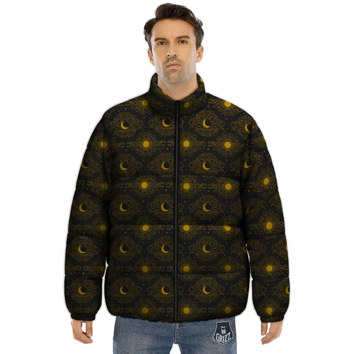 Sun And Vintage Moon Print Pattern Puffer Jacket-grizzshop