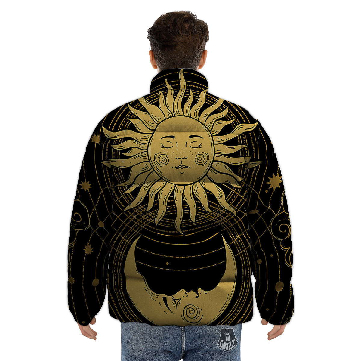 Sun And Vintage Moon Print Puffer Jacket-grizzshop