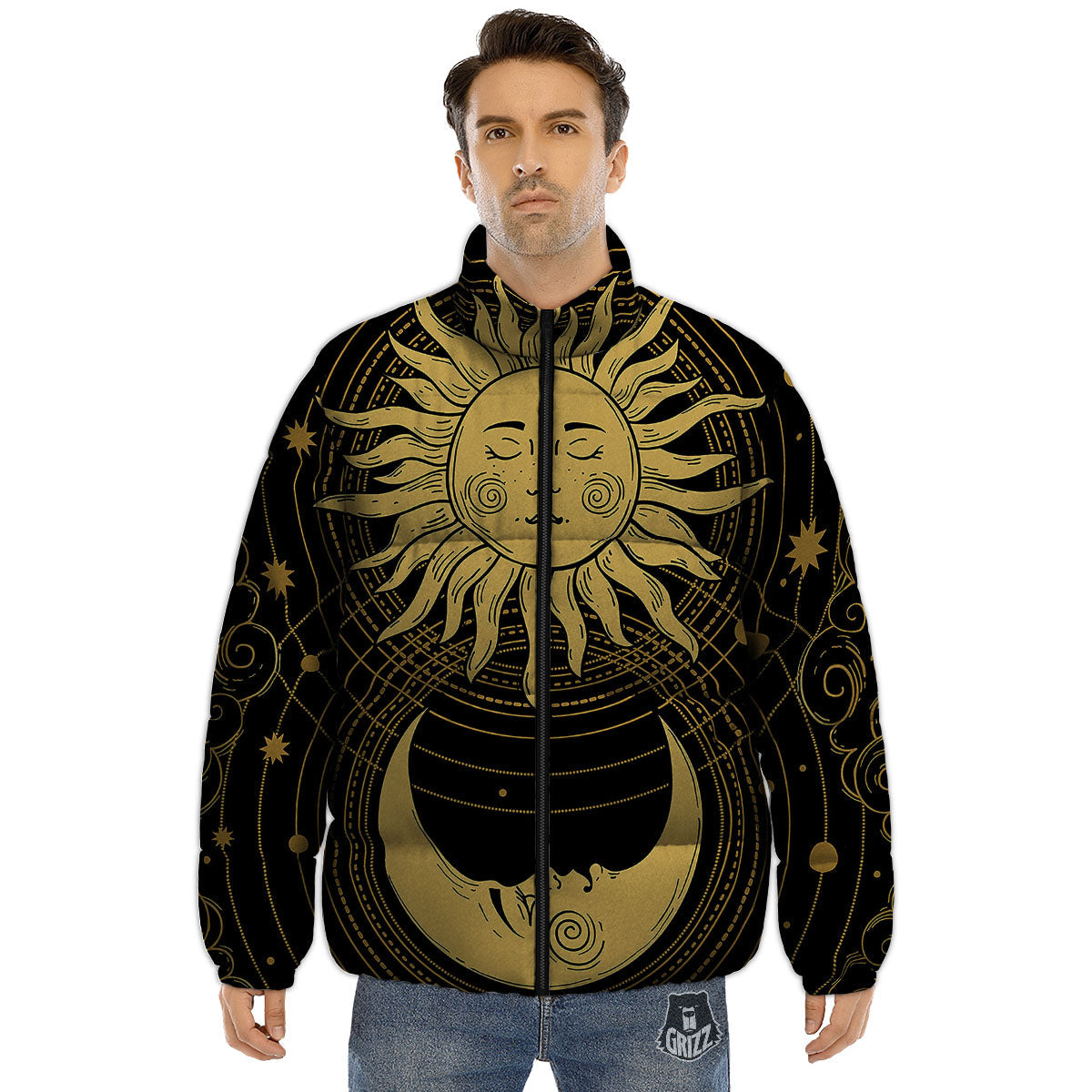 Sun And Vintage Moon Print Puffer Jacket-grizzshop