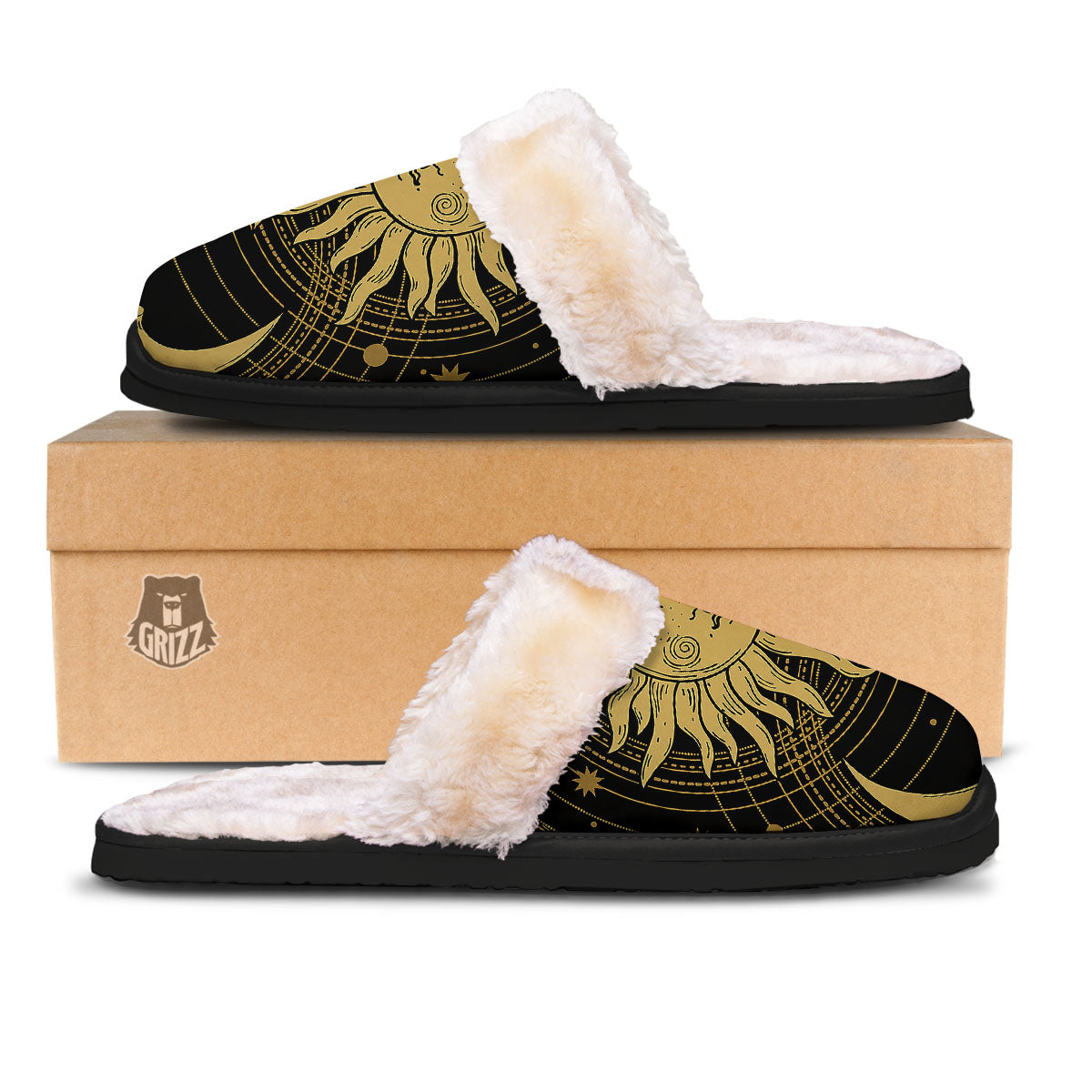 Sun And Vintage Moon Print Slippers-grizzshop