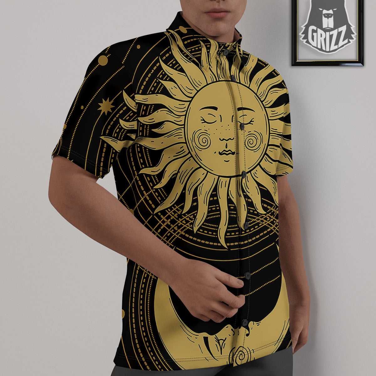 Sun And Vintage Moon Print Untucked Shirts-grizzshop