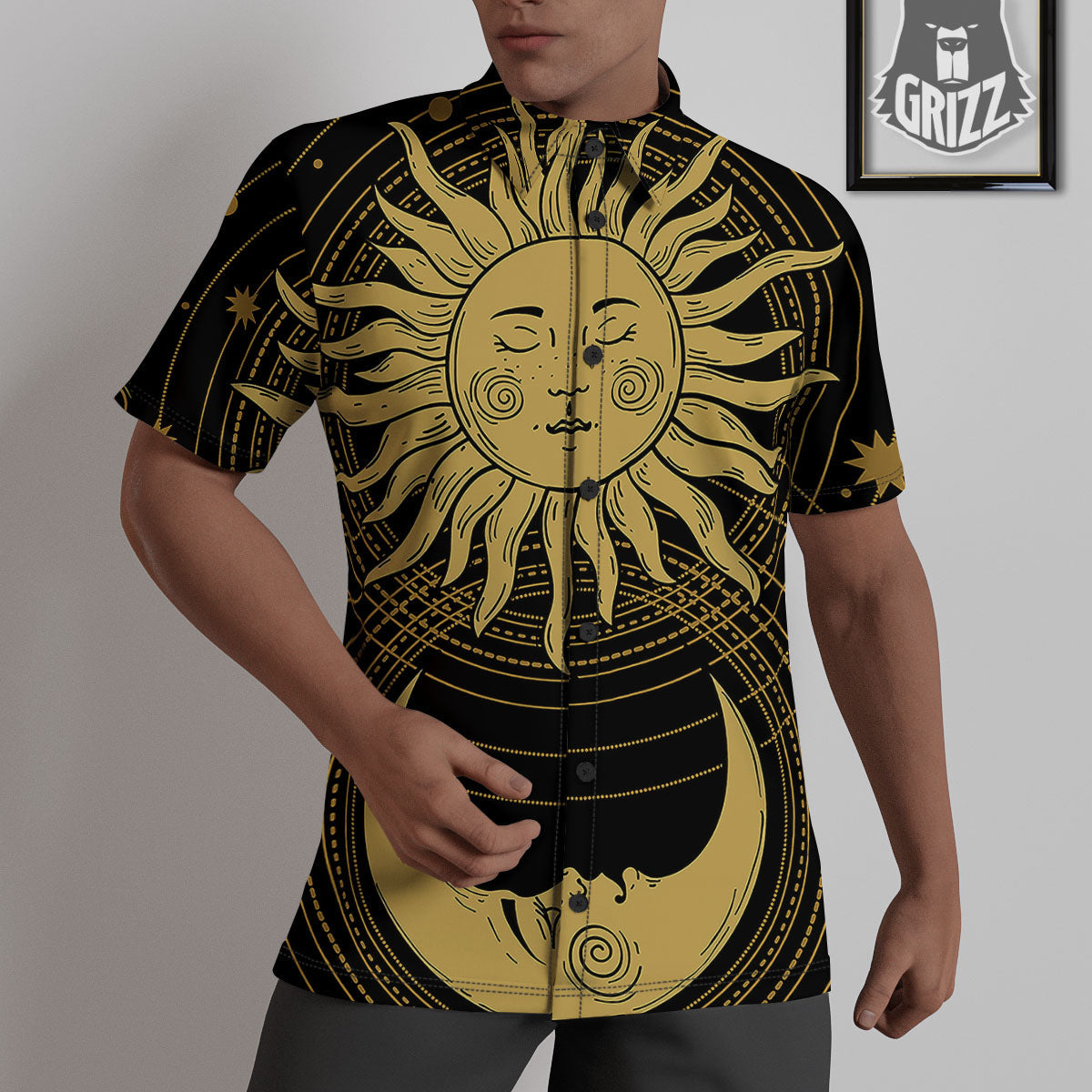 Sun And Vintage Moon Print Untucked Shirts-grizzshop