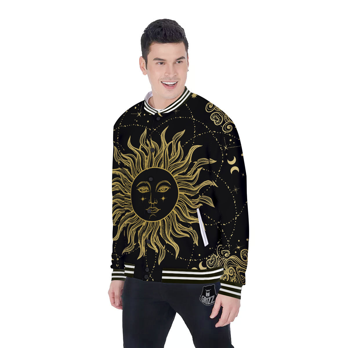 Sun Celestial Vintage Print Baseball Jacket-grizzshop