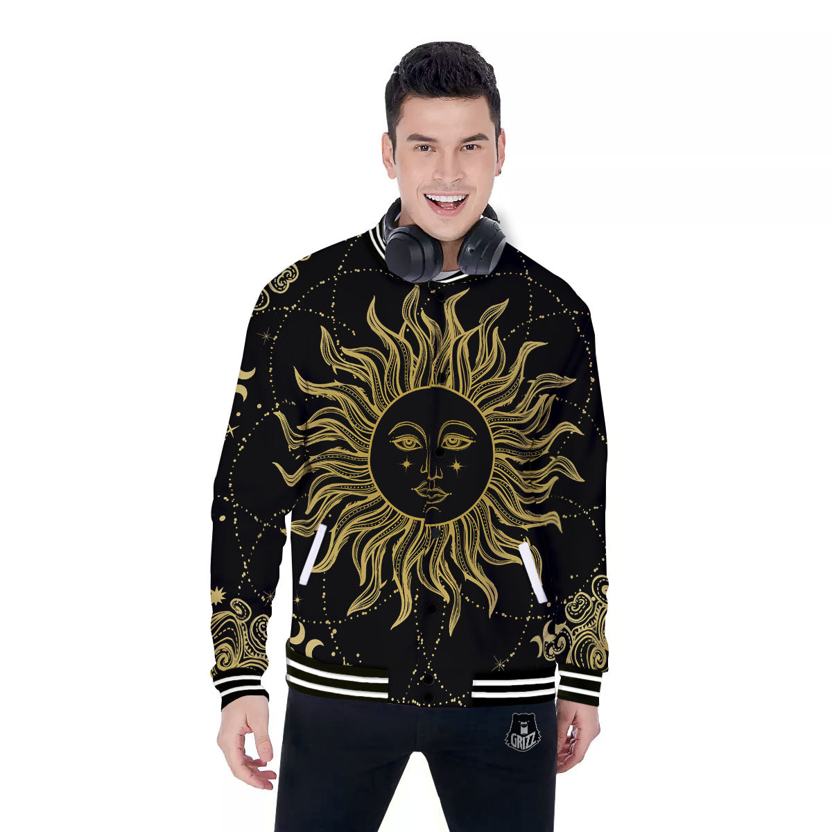 Sun Celestial Vintage Print Baseball Jacket-grizzshop