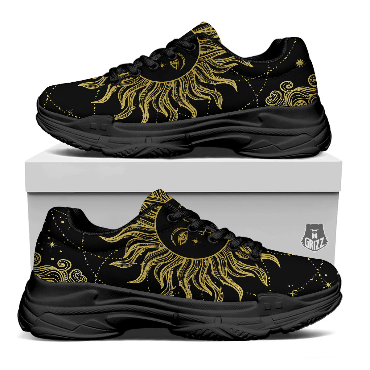 Sun Celestial Vintage Print Black Chunky Shoes-grizzshop