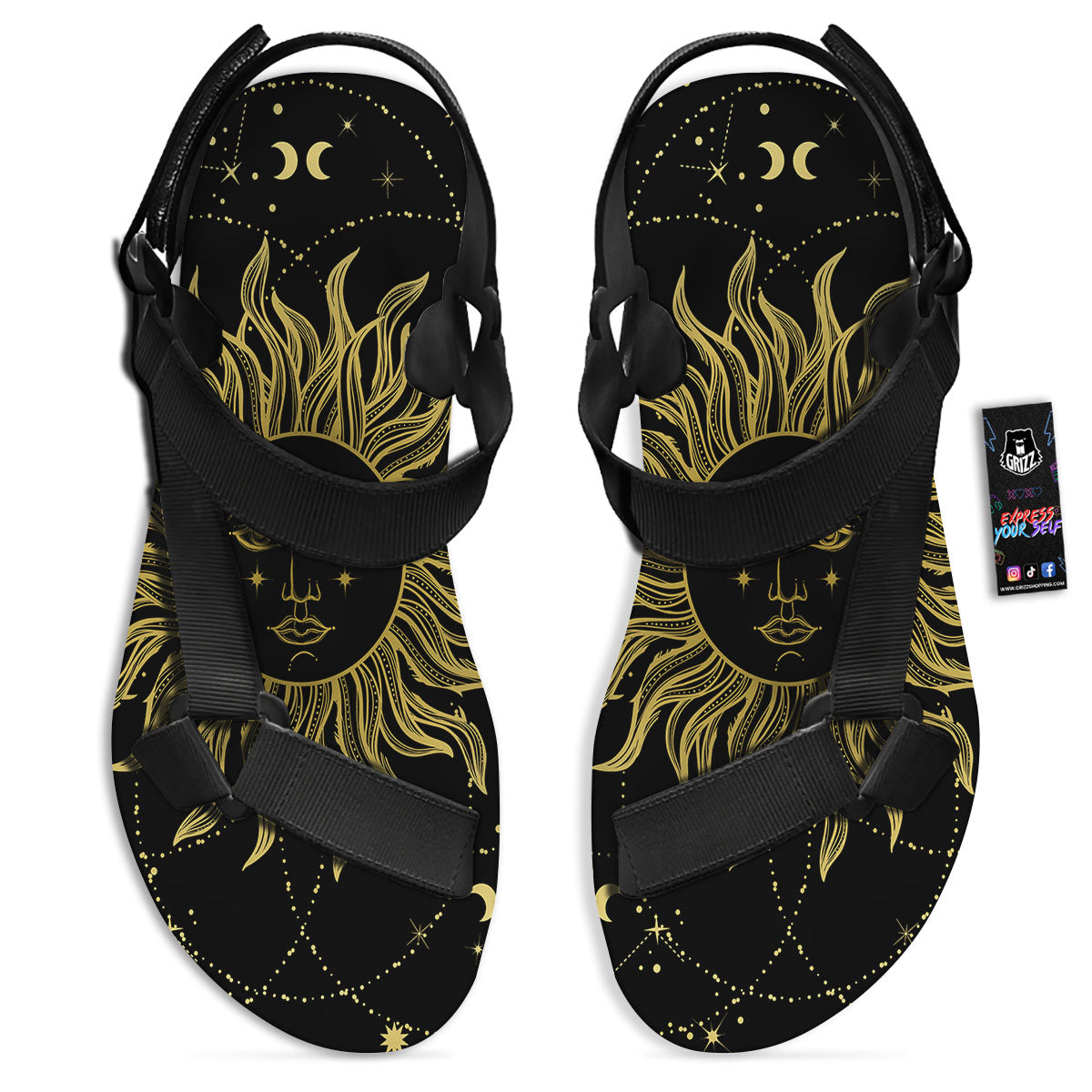 Sun Celestial Vintage Print Black Open Toe Sandals-grizzshop