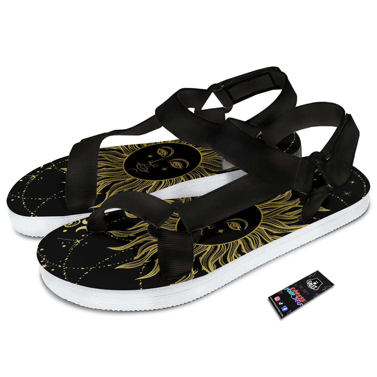 Sun Celestial Vintage Print Black Open Toe Sandals-grizzshop