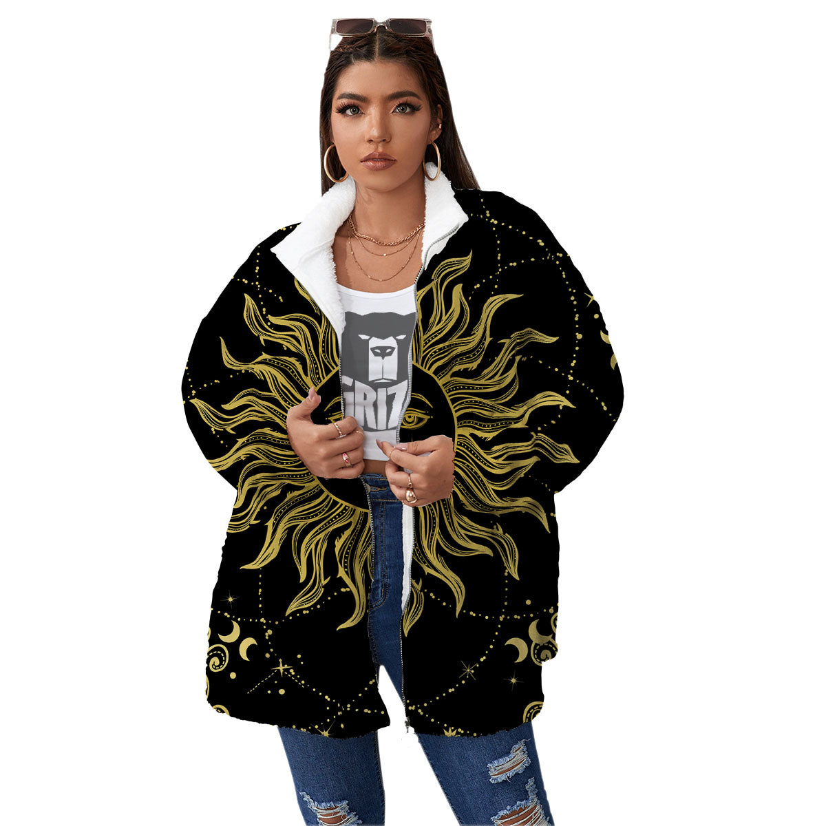 Sun Celestial Vintage Print Women's Sherpa Jacket-grizzshop