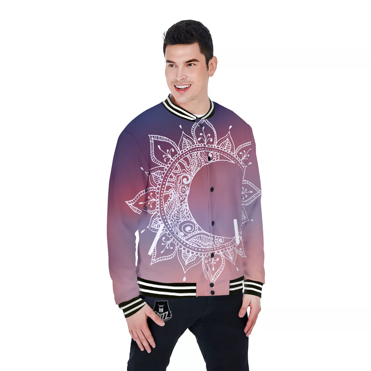 Sun Mandala Print Baseball Jacket-grizzshop