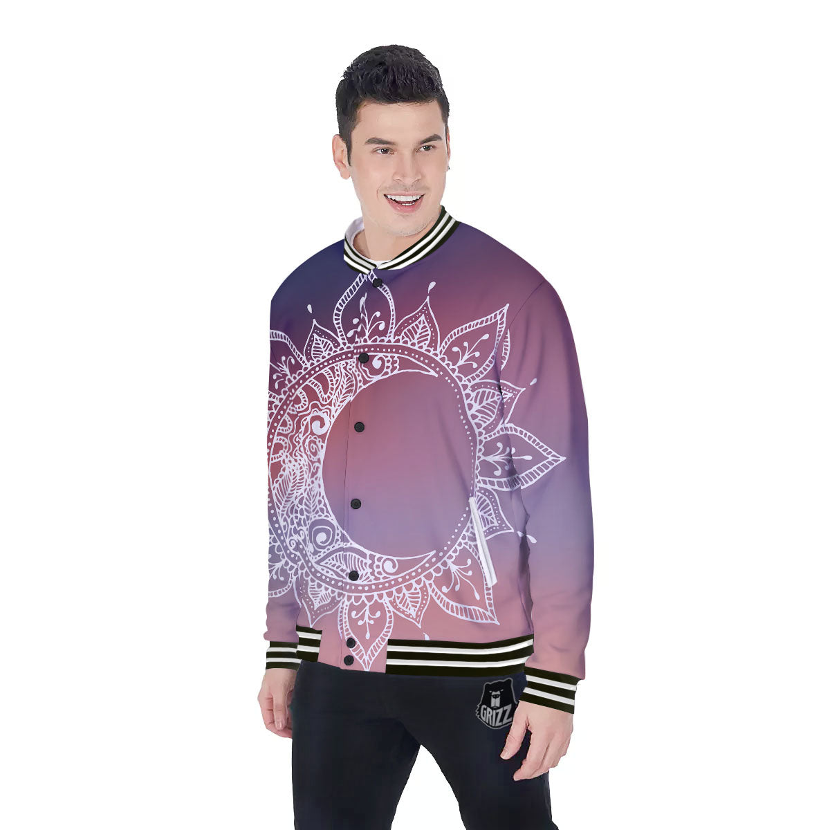 Sun Mandala Print Baseball Jacket-grizzshop