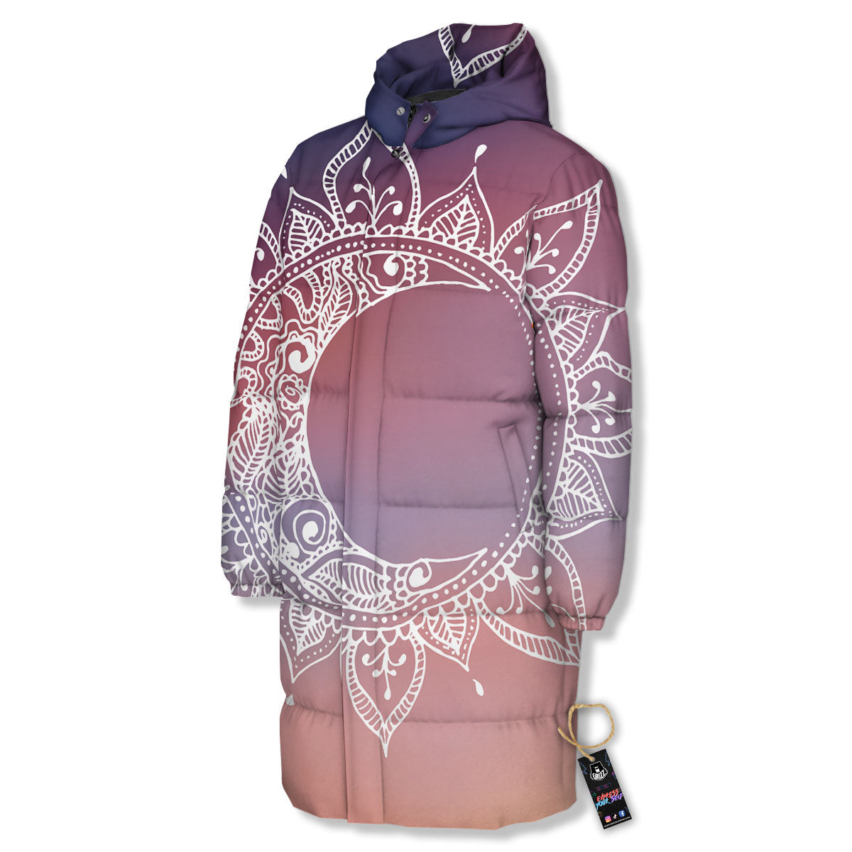 Sun Mandala Print Long Down Jacket-grizzshop