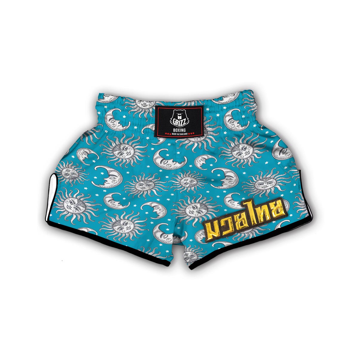 Sun Moon Blue Pattern Print Muay Thai Boxing Shorts-grizzshop