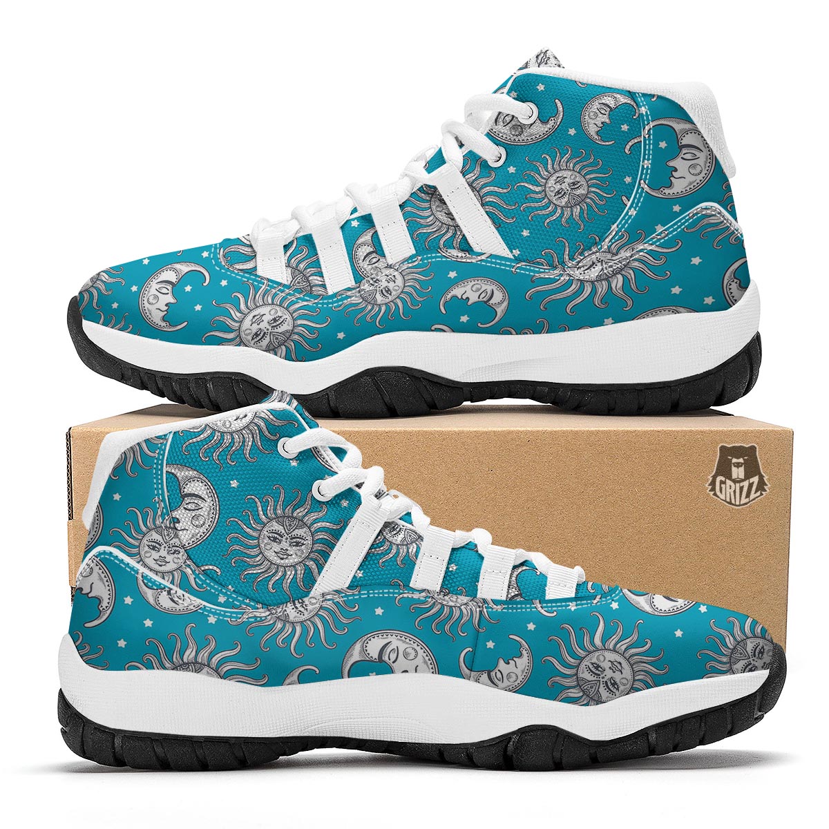 Sun Moon Blue Pattern Print White Bball Shoes-grizzshop