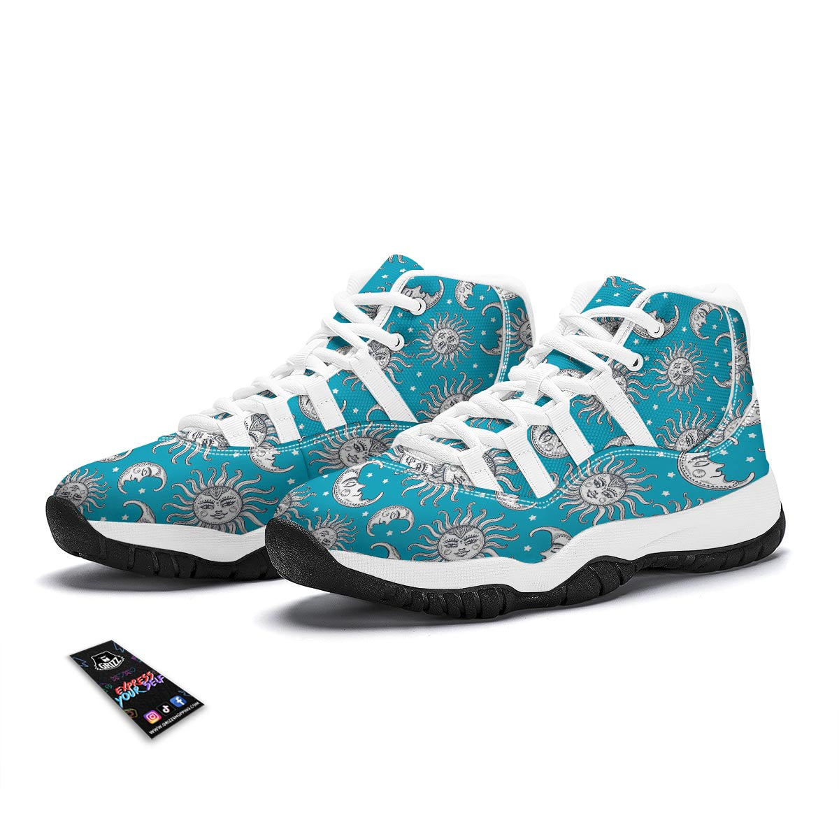 Sun Moon Blue Pattern Print White Bball Shoes-grizzshop