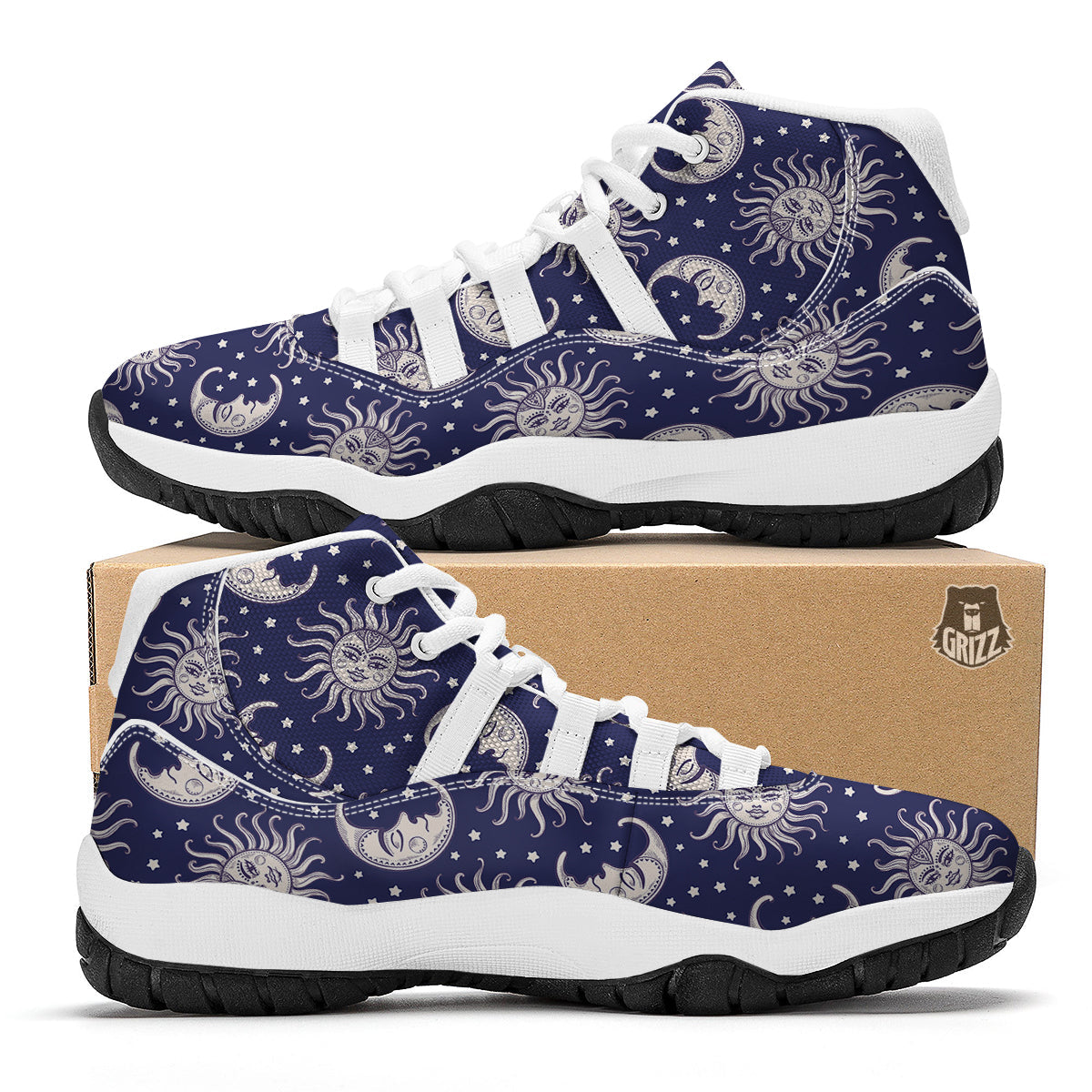 Sun Moon Celestial Pattern Print White Bball Shoes-grizzshop