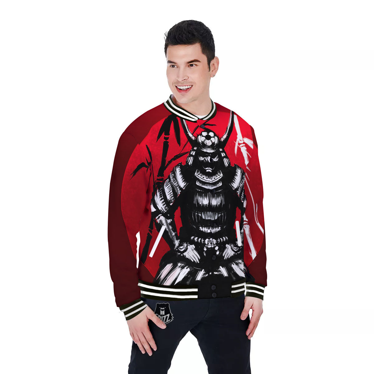 Sun Samurai Red Rising Print Baseball Jacket-grizzshop