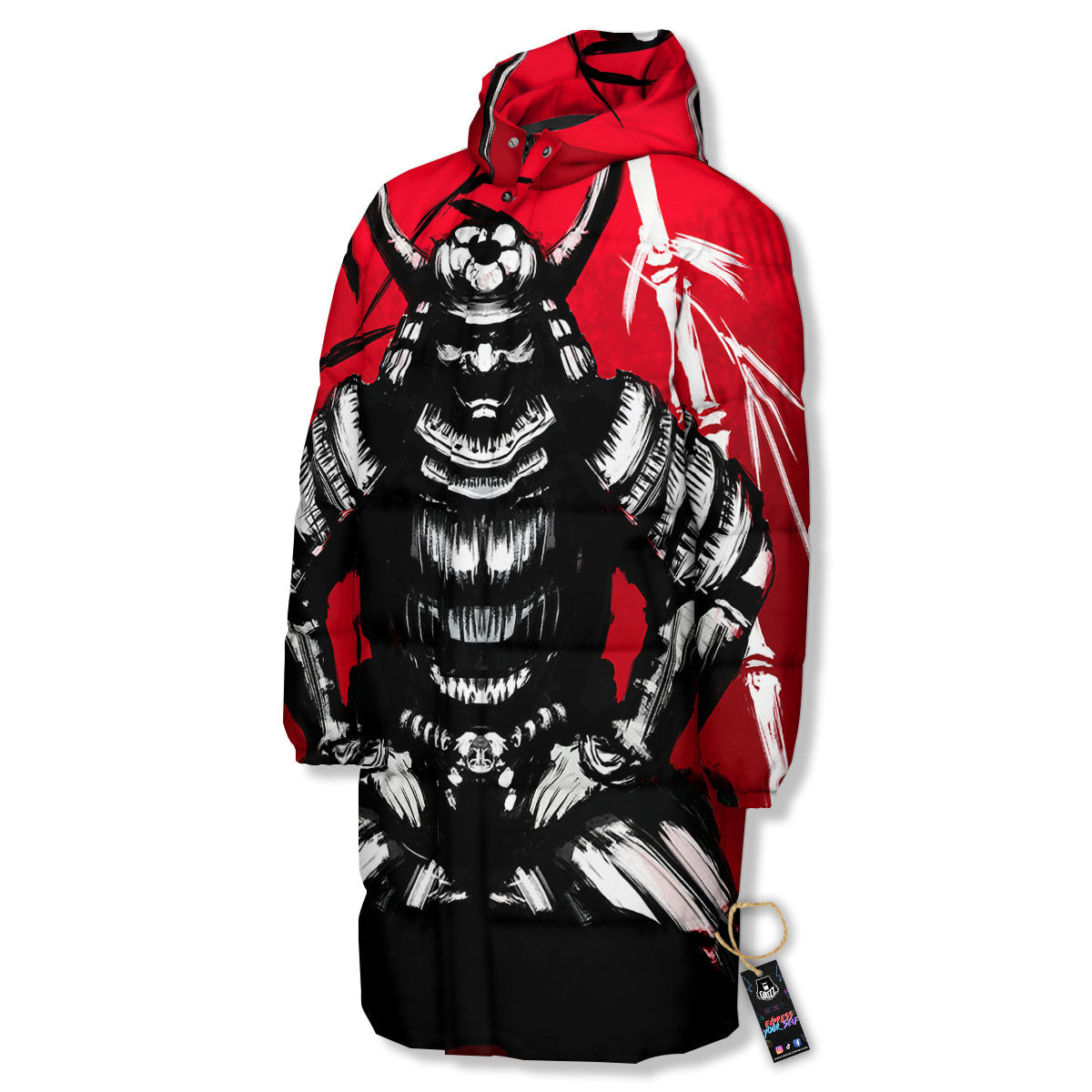 Sun Samurai Red Rising Print Long Down Jacket-grizzshop