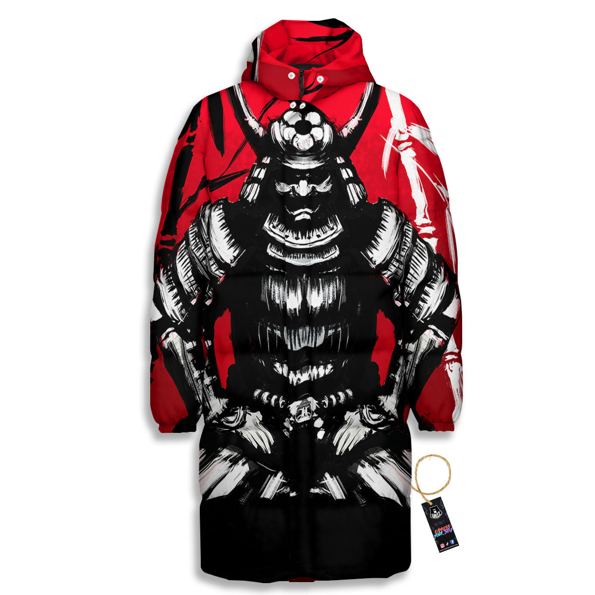 Sun Samurai Red Rising Print Long Down Jacket-grizzshop
