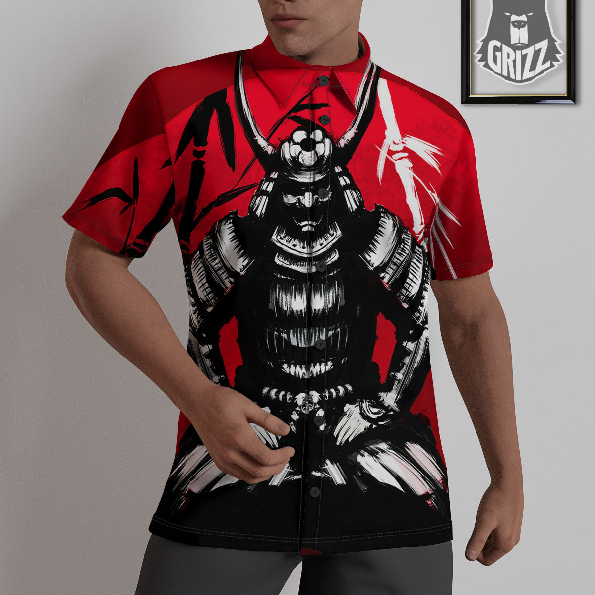 Sun Samurai Red Rising Print Untucked Shirts-grizzshop