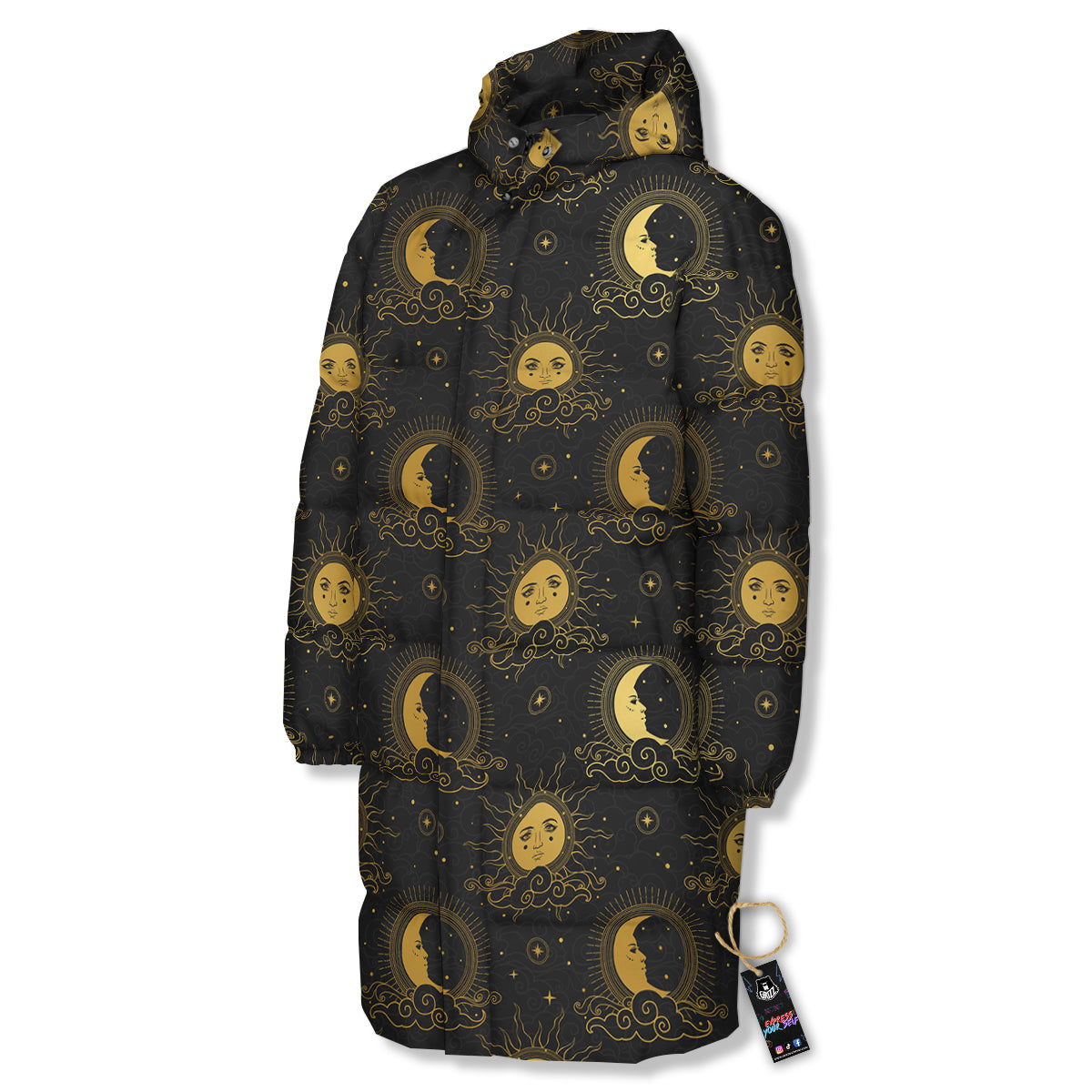 Sun Vintage Print Pattern Long Down Jacket-grizzshop