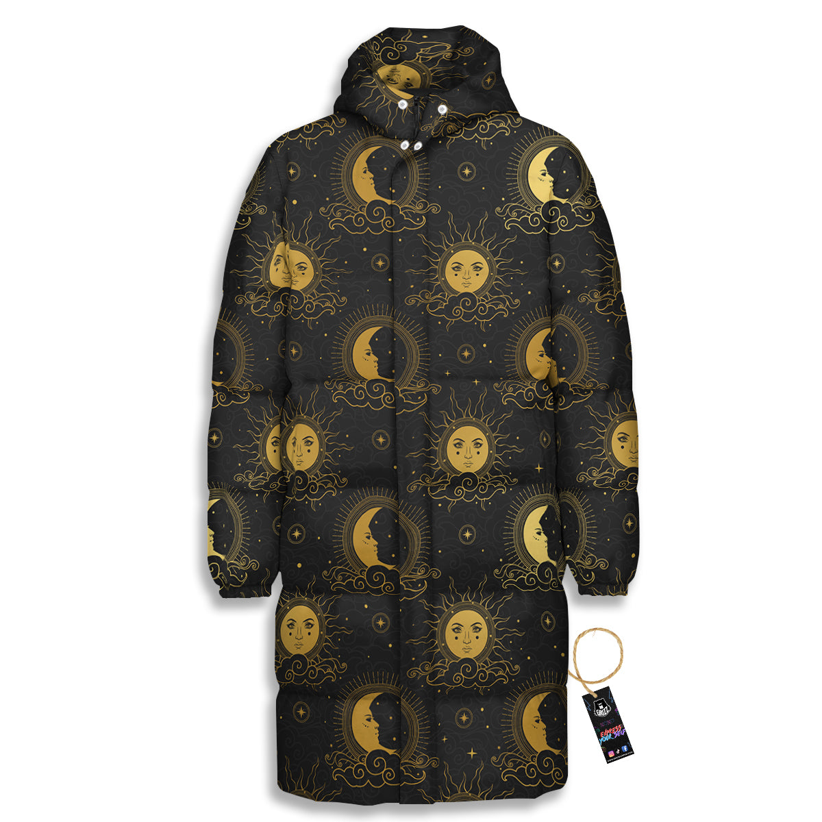 Sun Vintage Print Pattern Long Down Jacket-grizzshop