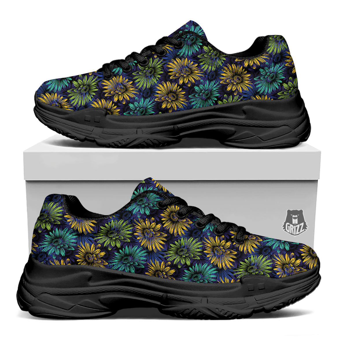 Sunflower Abstract Print Pattern Black Chunky Shoes-grizzshop