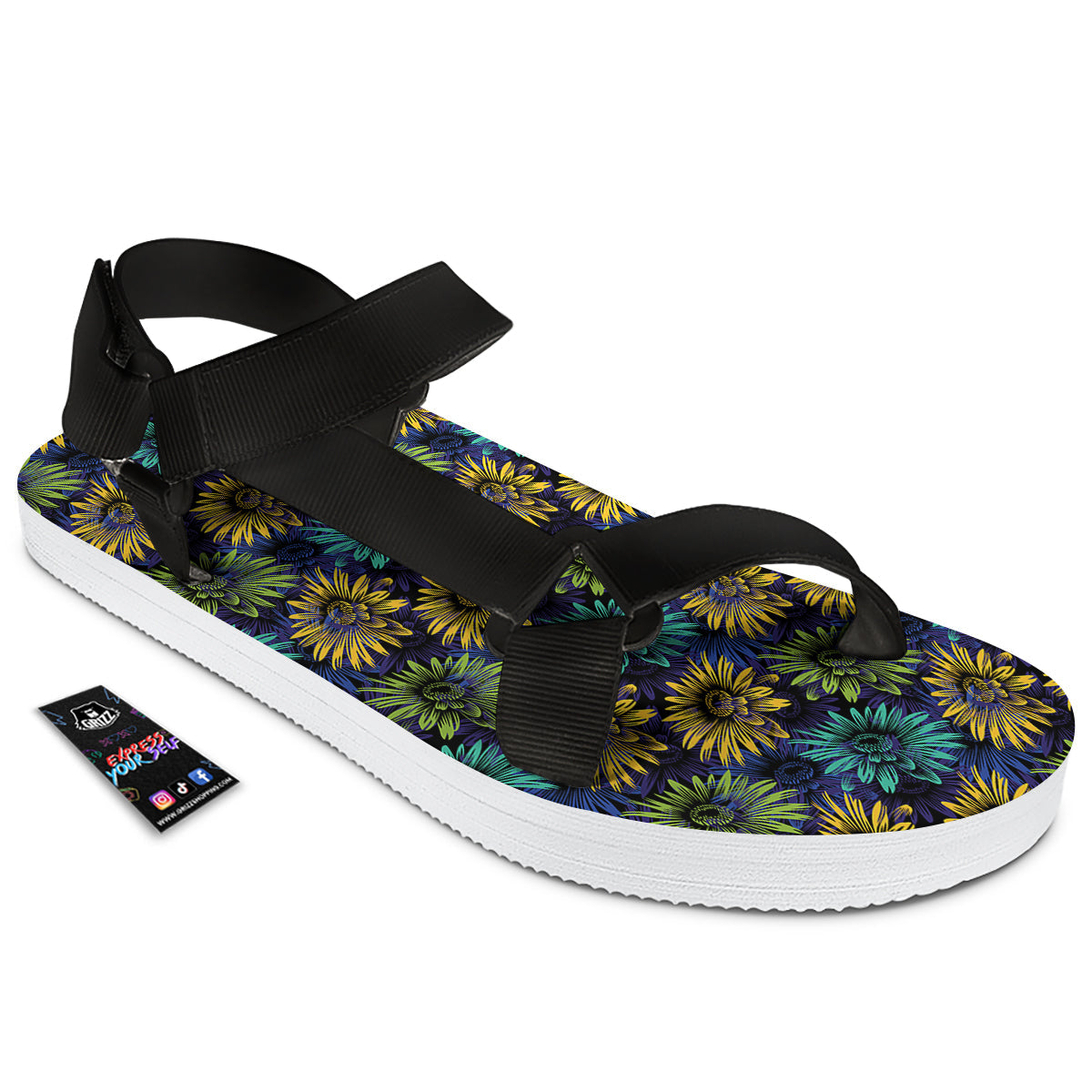Sunflower Abstract Print Pattern Black Open Toe Sandals-grizzshop