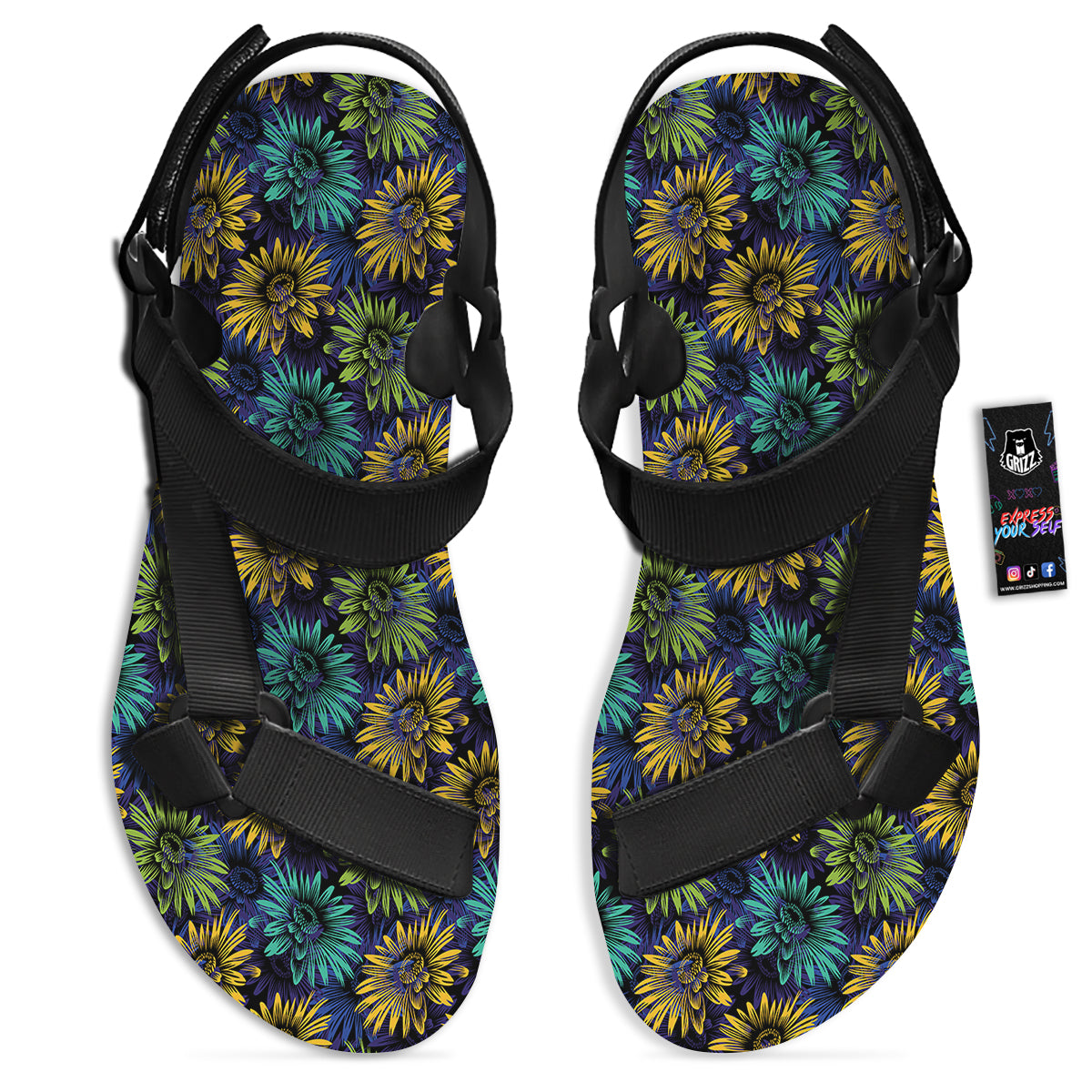 Sunflower Abstract Print Pattern Black Open Toe Sandals-grizzshop