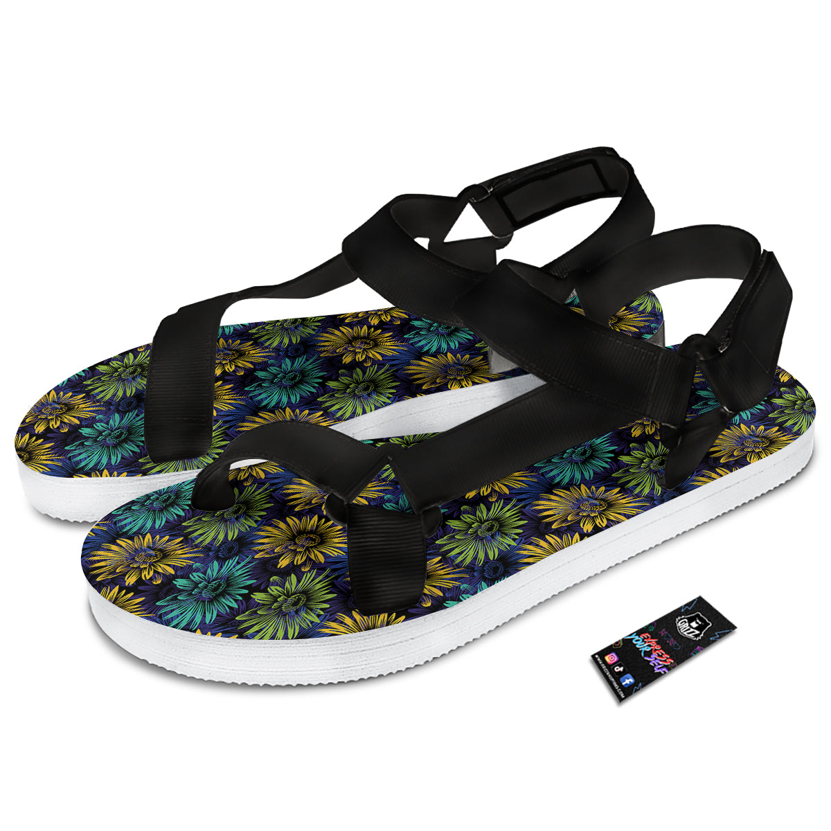 Sunflower Abstract Print Pattern Black Open Toe Sandals-grizzshop